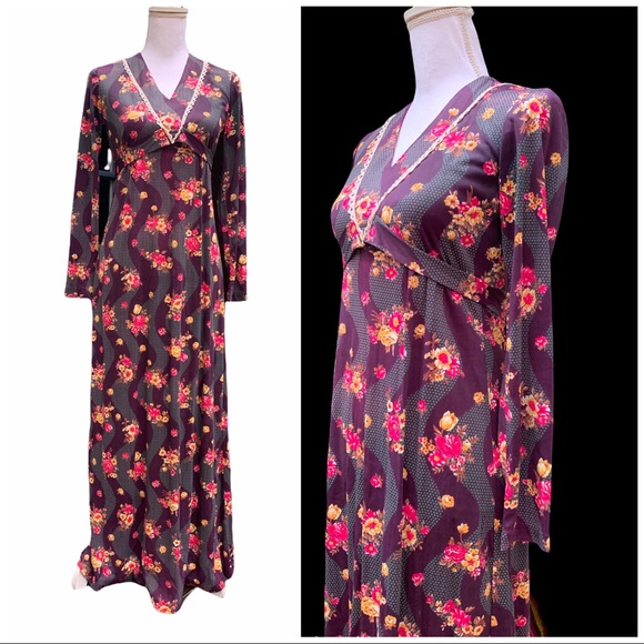 Vintage 70's Floral Empire Waist Maxi Dress XS Flower Power - Picture 2 of 16